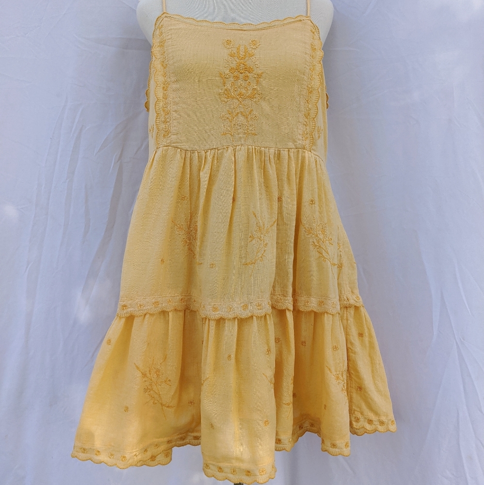 Urban Outfitters Yellow Embroidered Babydoll Mini Dress Sz Large